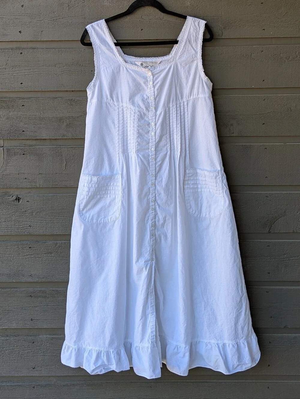 VTG 80s Cotton Knights Long Line White Button Front Nightgown Pockets Small